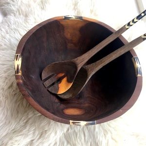 Handmade vintage African wooden salad bowl set